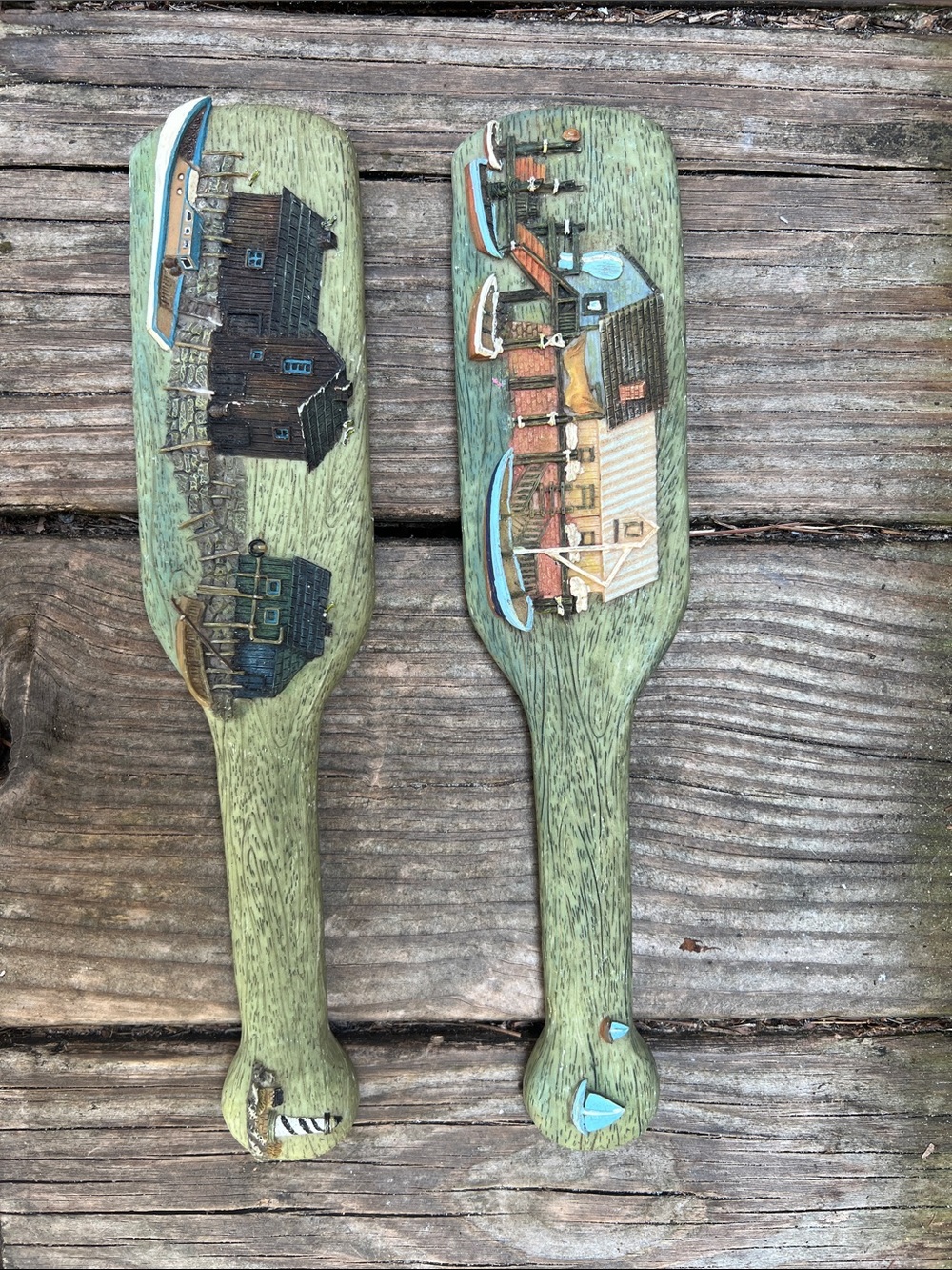 RARE - Vintage Nautical Maine Fishing Village Paddle Home Wall Decor - Pair
